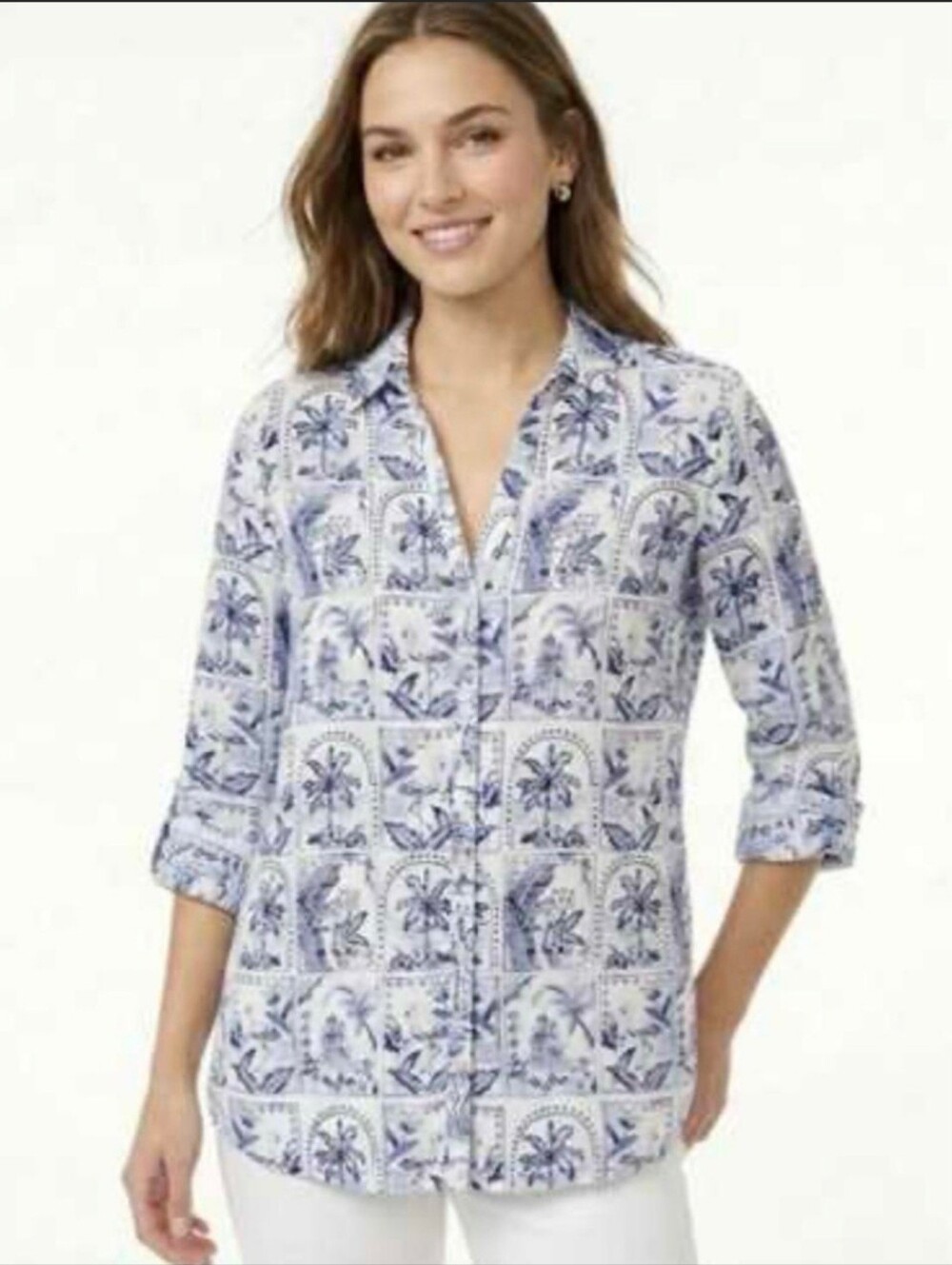 C&C California Blue Floral Tile Print Button-Up Linen Tunic Small Coastal